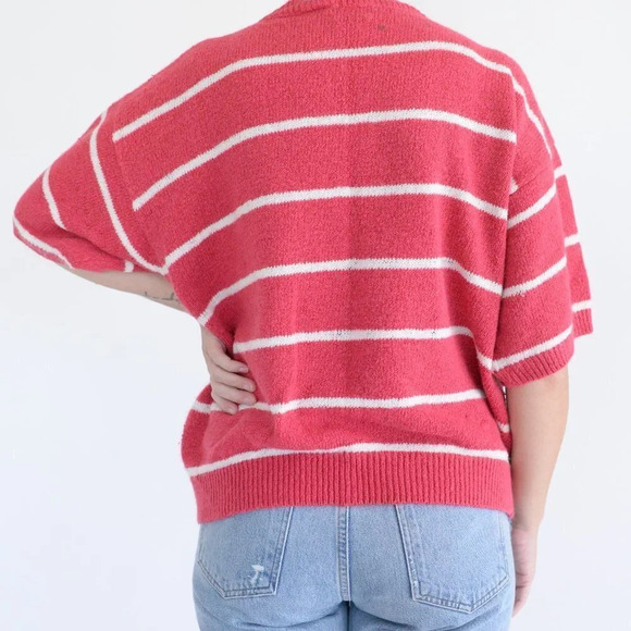Vintage G.M. Pink Stripe Half Button Half Sleeve Knit Sweater Size  38 - Picture 3 of 9